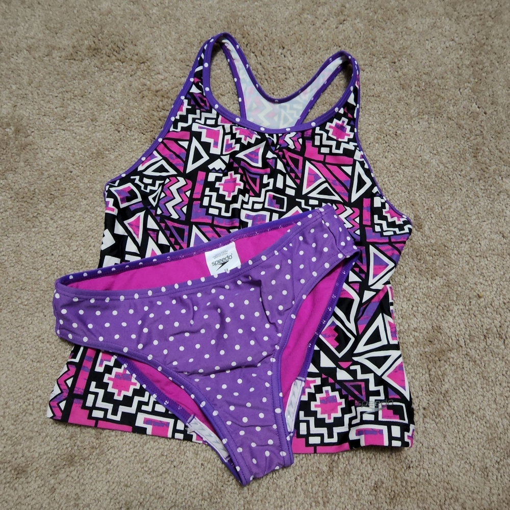 Speedo Purple Pink Black Geometric Girls Tankini Set